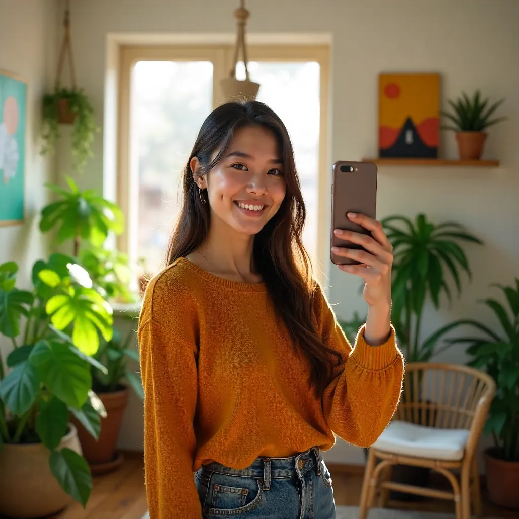 Selfie in a Plant-Decorated Creative Room