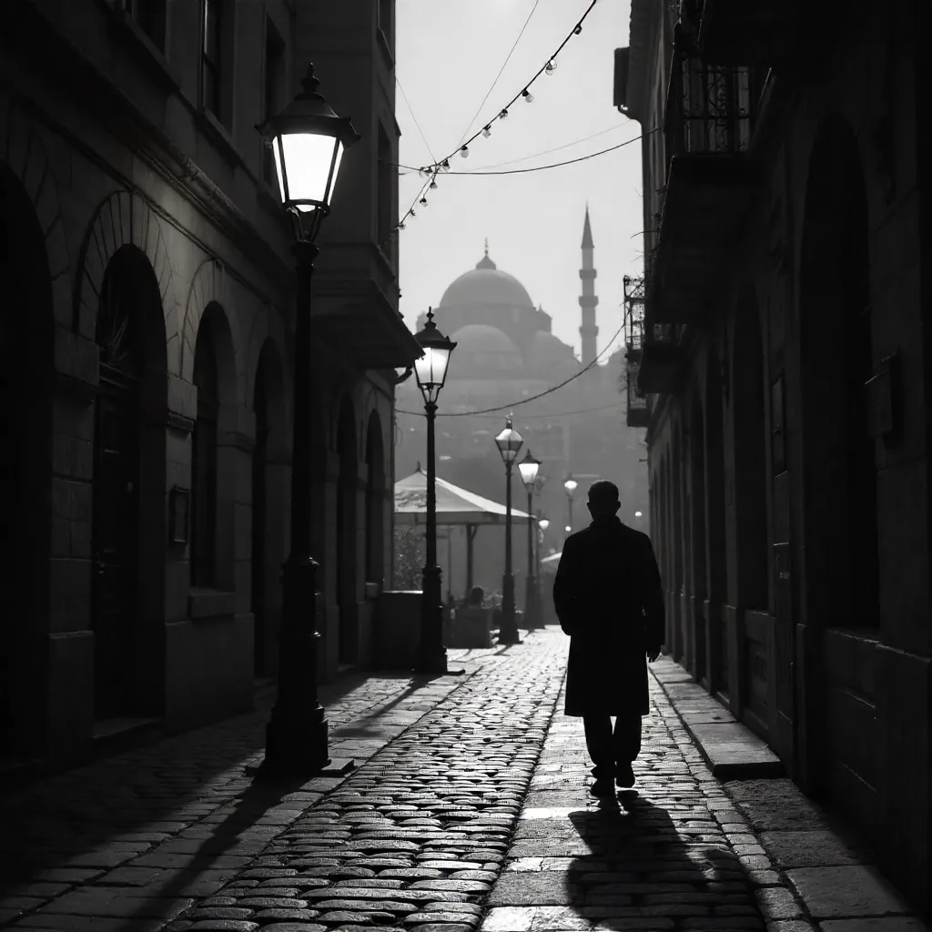 Silhouette by a Streetlamp in Istanbul, Black and White