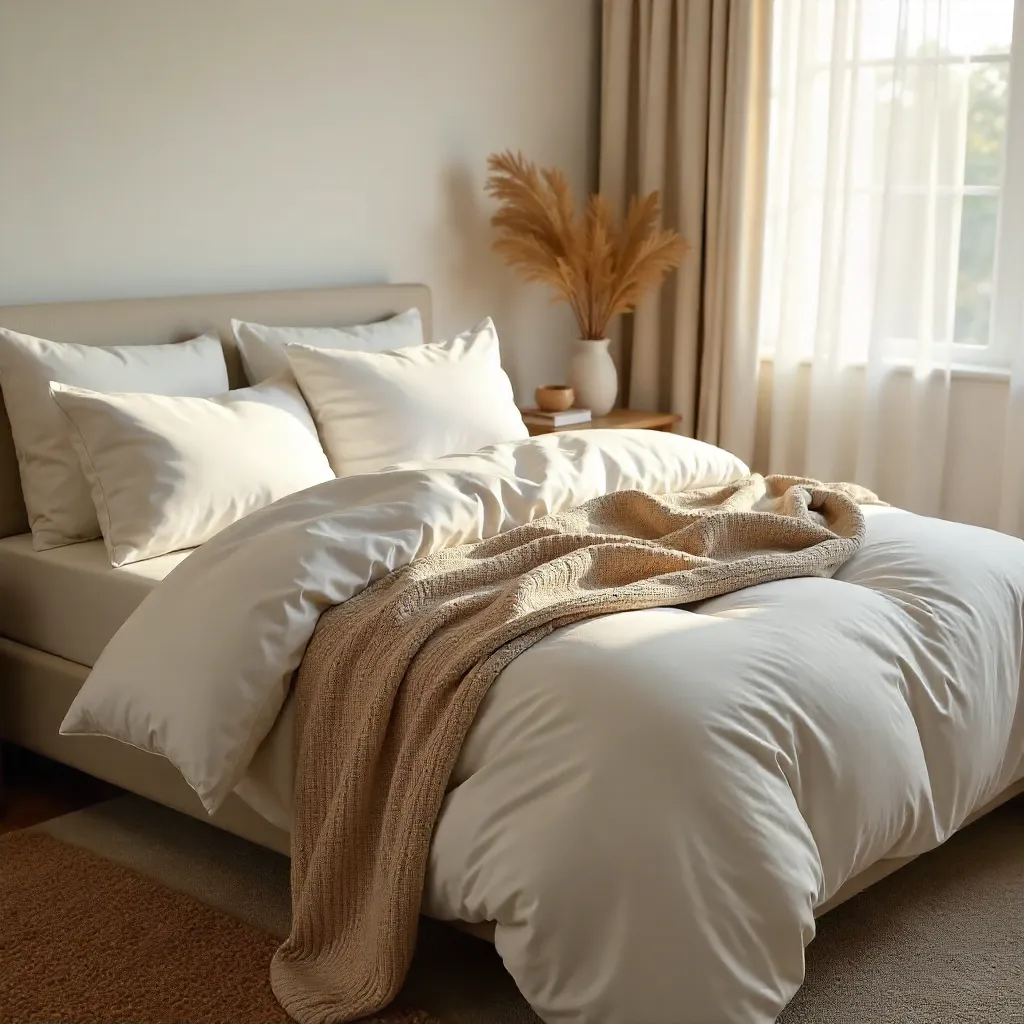 Inviting Bedroom Scene: White Bedding and Beige Sweater