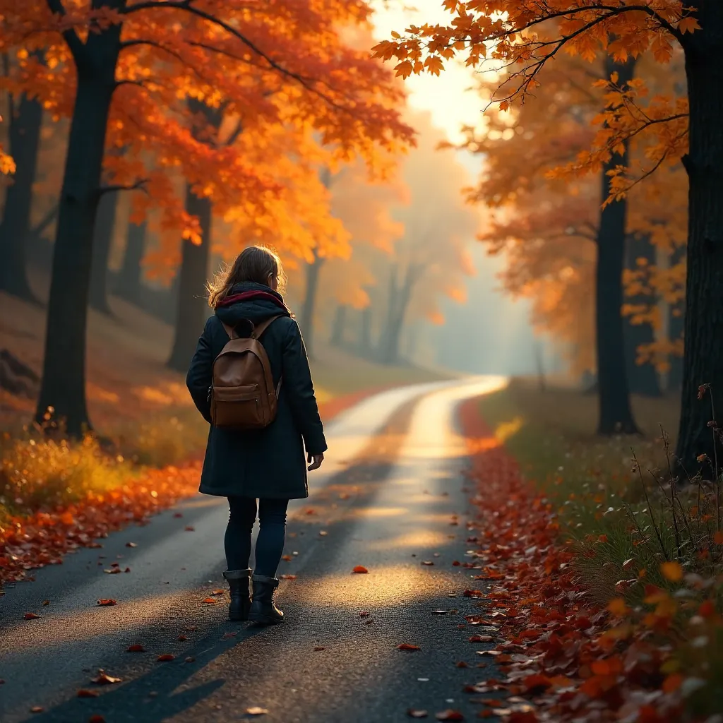 Lone Wanderer on a Winding Autumn Road