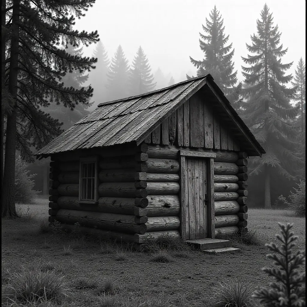 Monochrome Rustic Hut in a Forest Backdrop