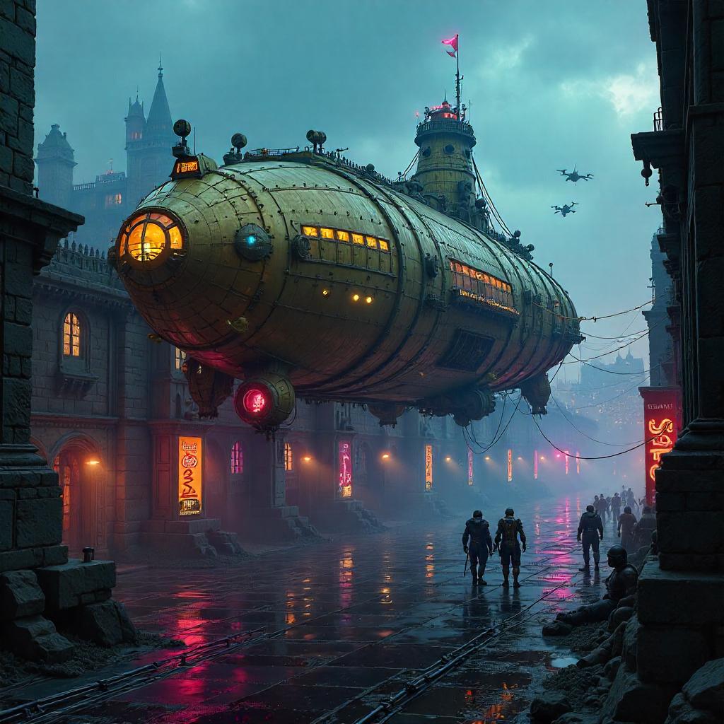 Cyberpunk Airship Over a Castle Courtyard