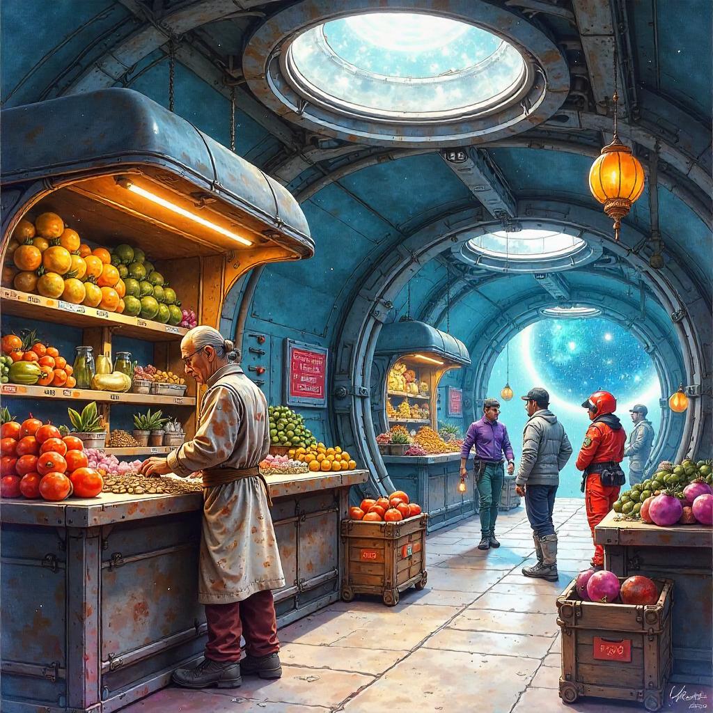 Watercolor Merchant in a Space Colony Market