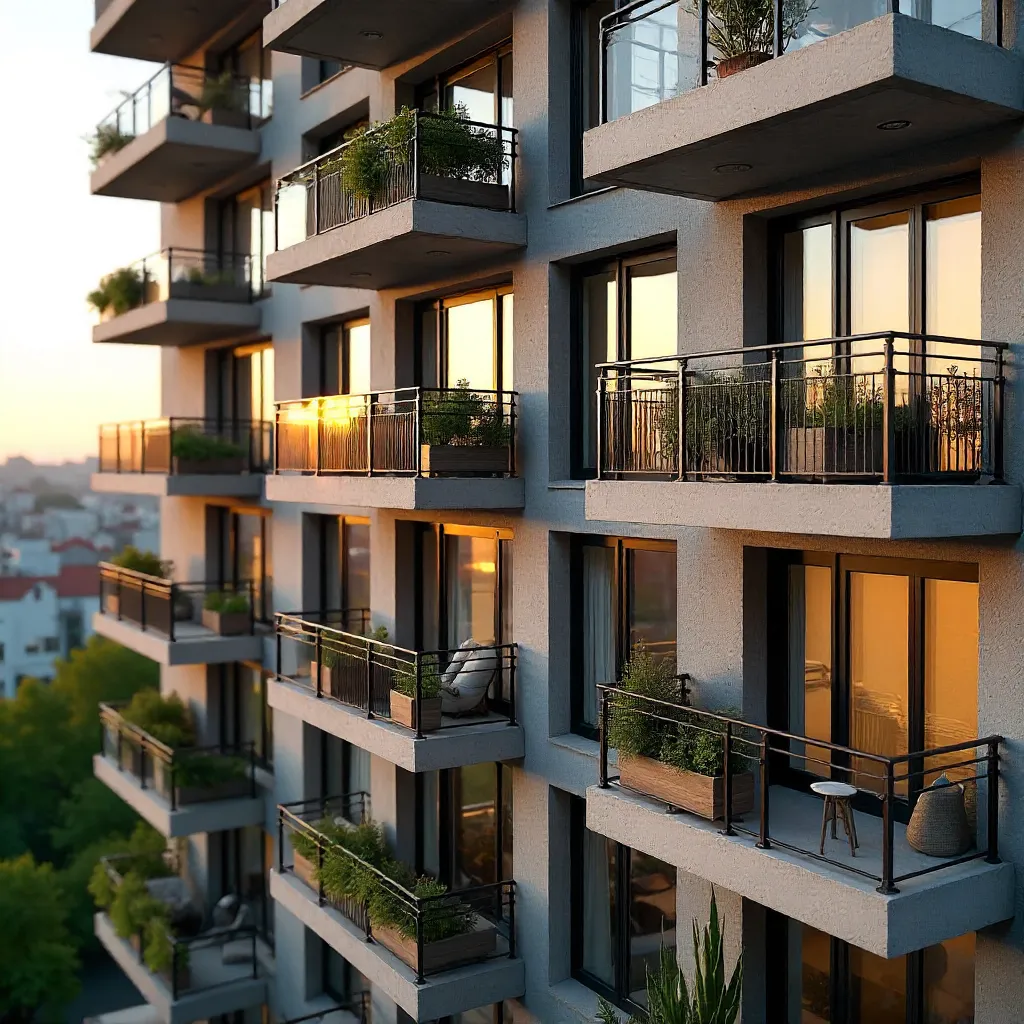 Close-Up Modern Apartment Facade with Diverse Balconies