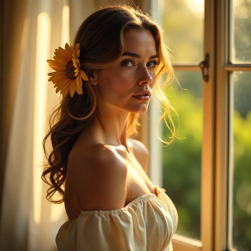 Sunlit Window Portrait with a Sunflower