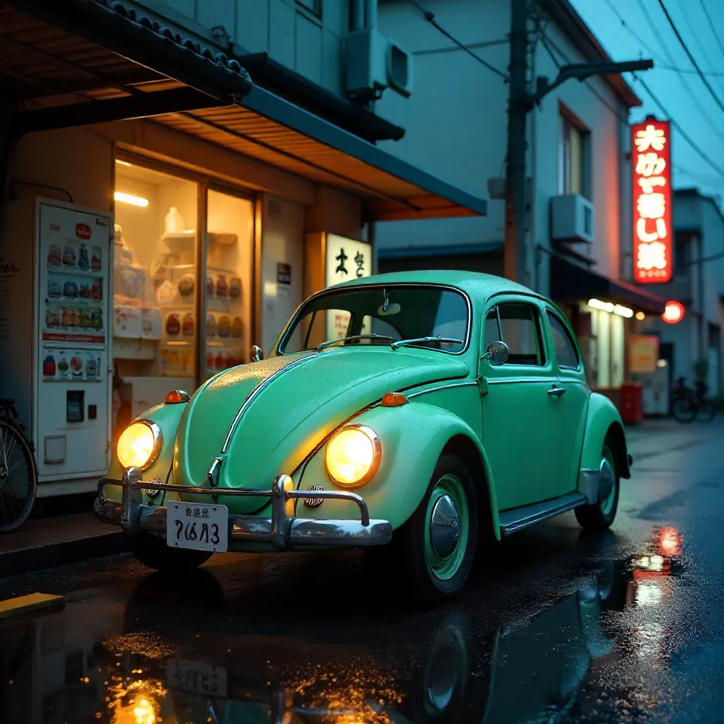 Classic VW Type 3 Under Neon Japanese Carport at Night
