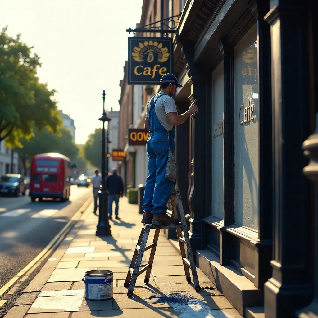 Blue Overalls Painter on Abbey Road Café Sign