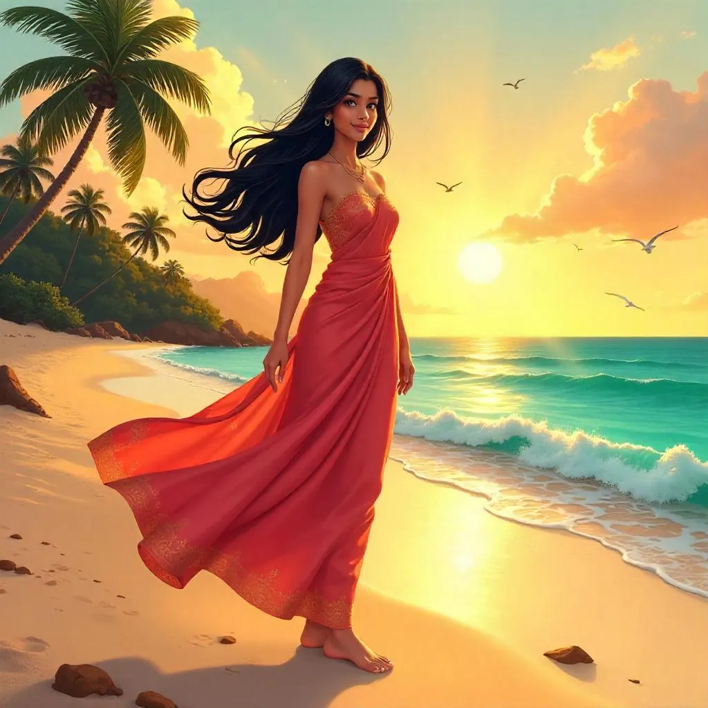 Elegant Indian Woman on Sunset Beach (Anime)