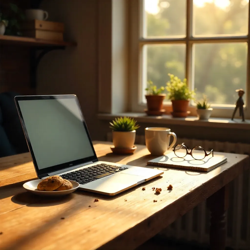 Cozy Desk Setup with Cookies, Laptop, and Glasses