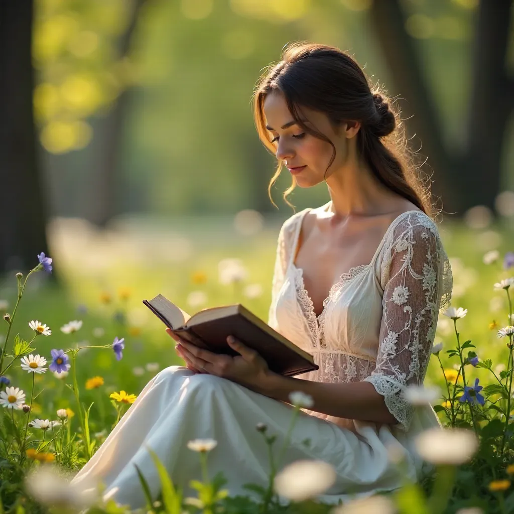 Lace-Dressed Woman Reading in a Spring Meadow
