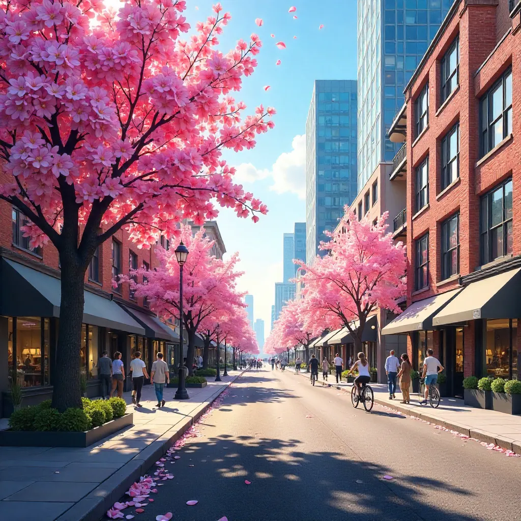 Vivid Cherry Blossoms Thriving on an Urban Street