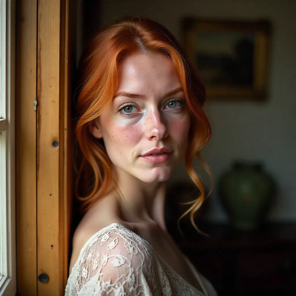 Freckled Redhead Resting on a Door Frame