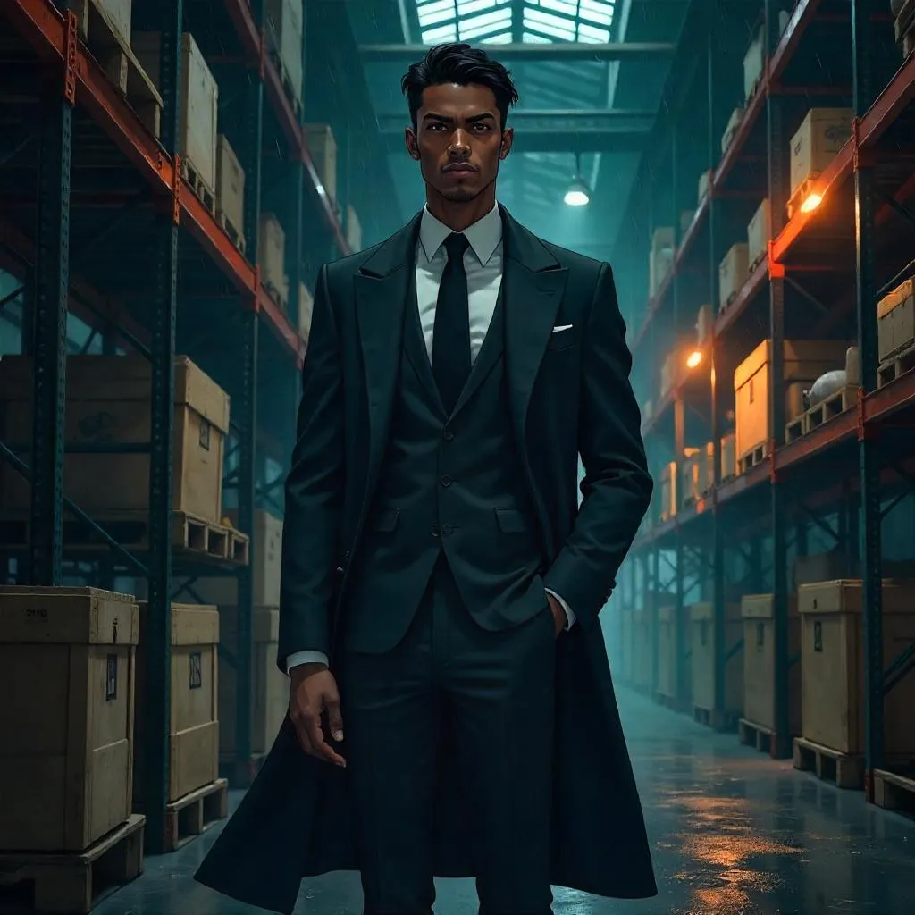 Elegant Black Man in an Anime Warehouse