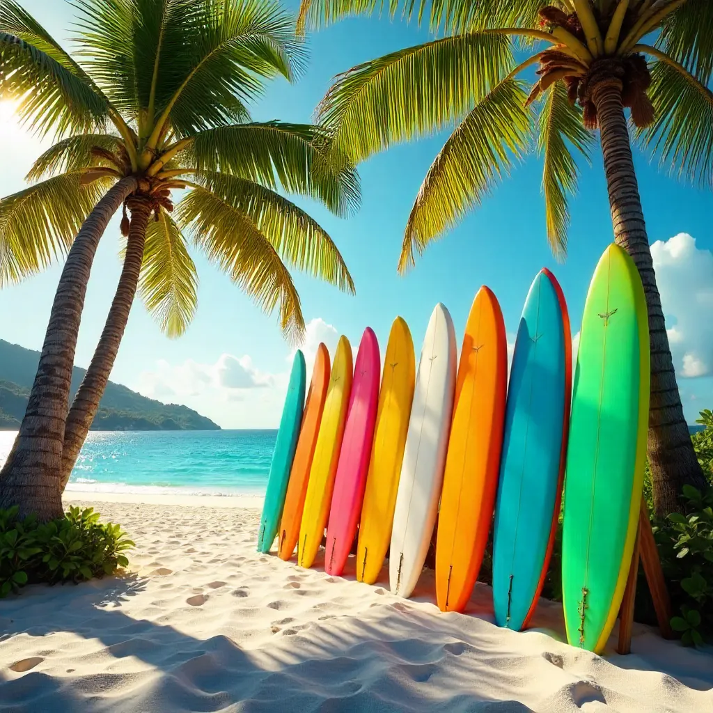Vibrant Surfboard Display Under Palm Trees in Martinique
