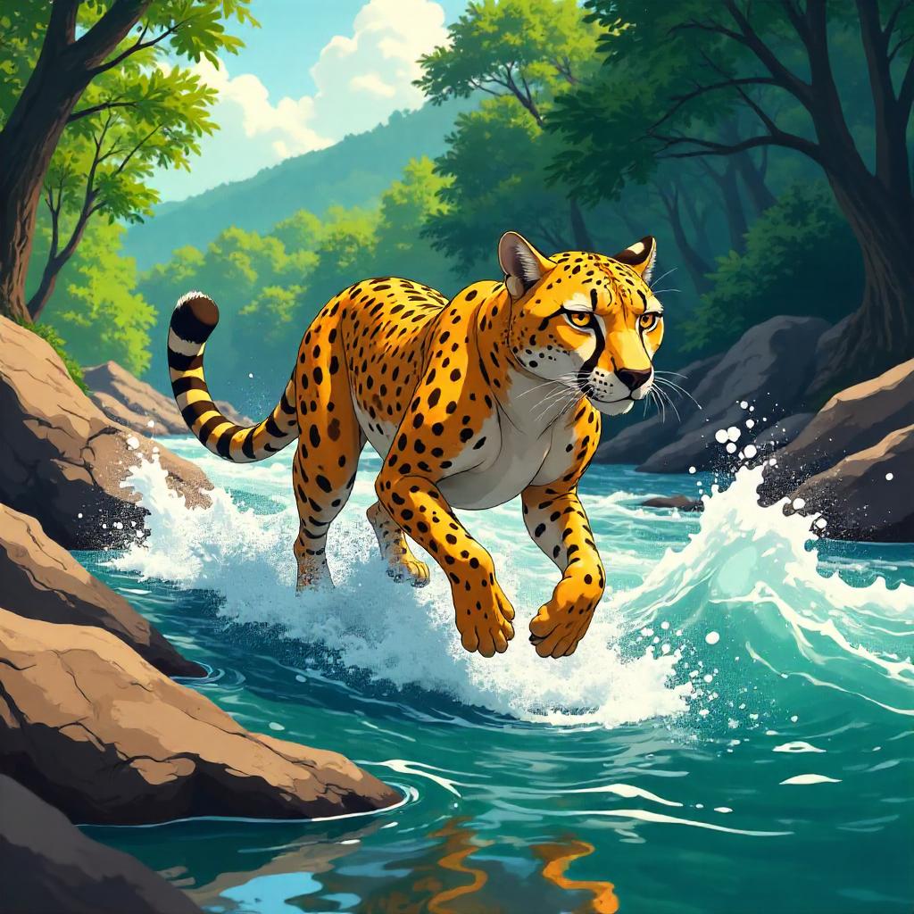 Anime Cheetah by a Rushing River