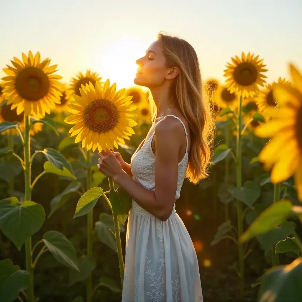 Sunlit Embrace: Woman in White Lace Among Sunflowers