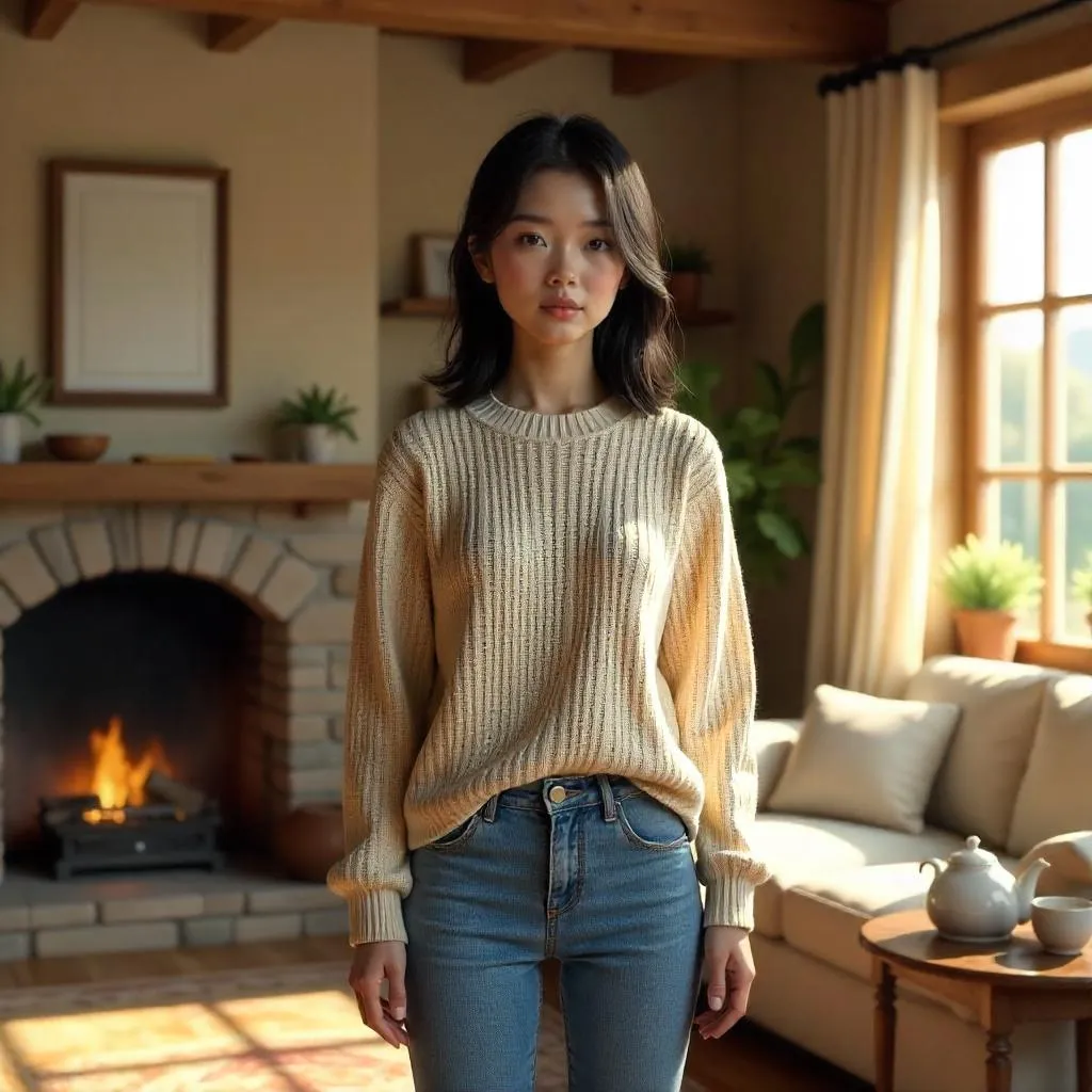 Cozy 3D Cottage Scene with Asian Woman