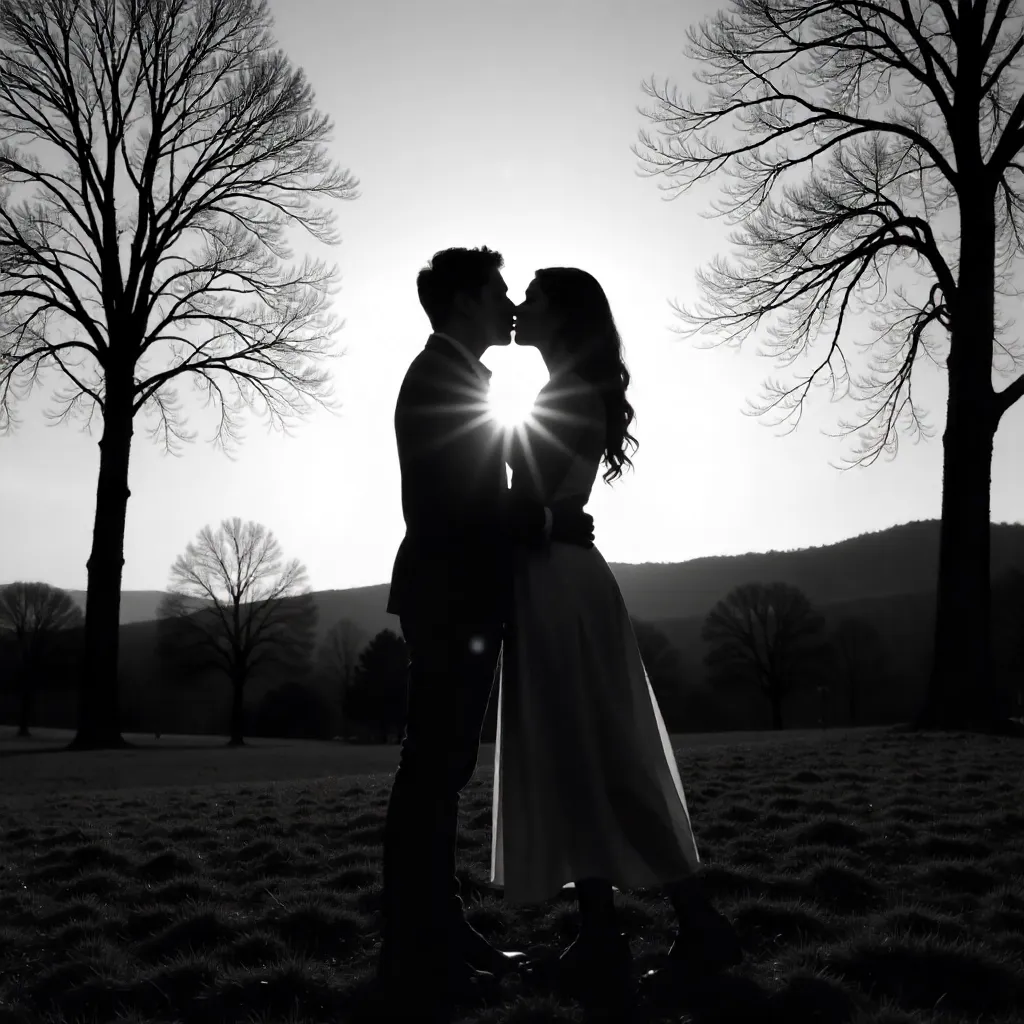 Silhouetted Lovers Embrace at Sunset