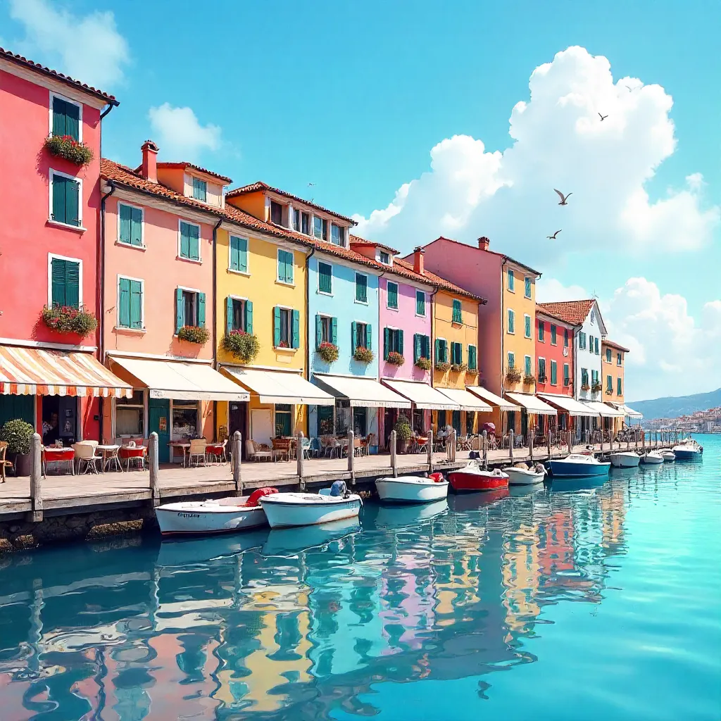 Pastel Waterfront Village Under a Clear Blue Sky