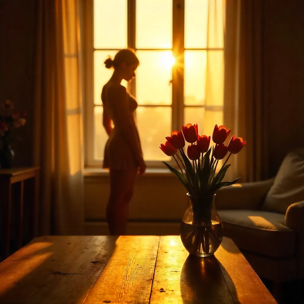 Golden Hour Silhouette: Woman and Tulips Indoors