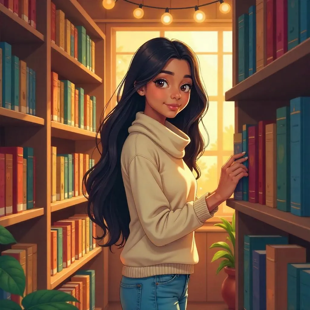 Anime Indian Woman in a Cozy Bookstore