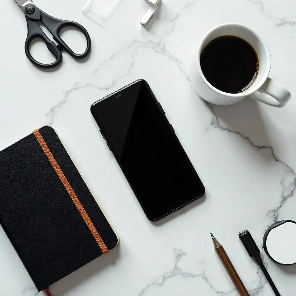Overhead Chic Marble Desk: Smartphone and Coffee