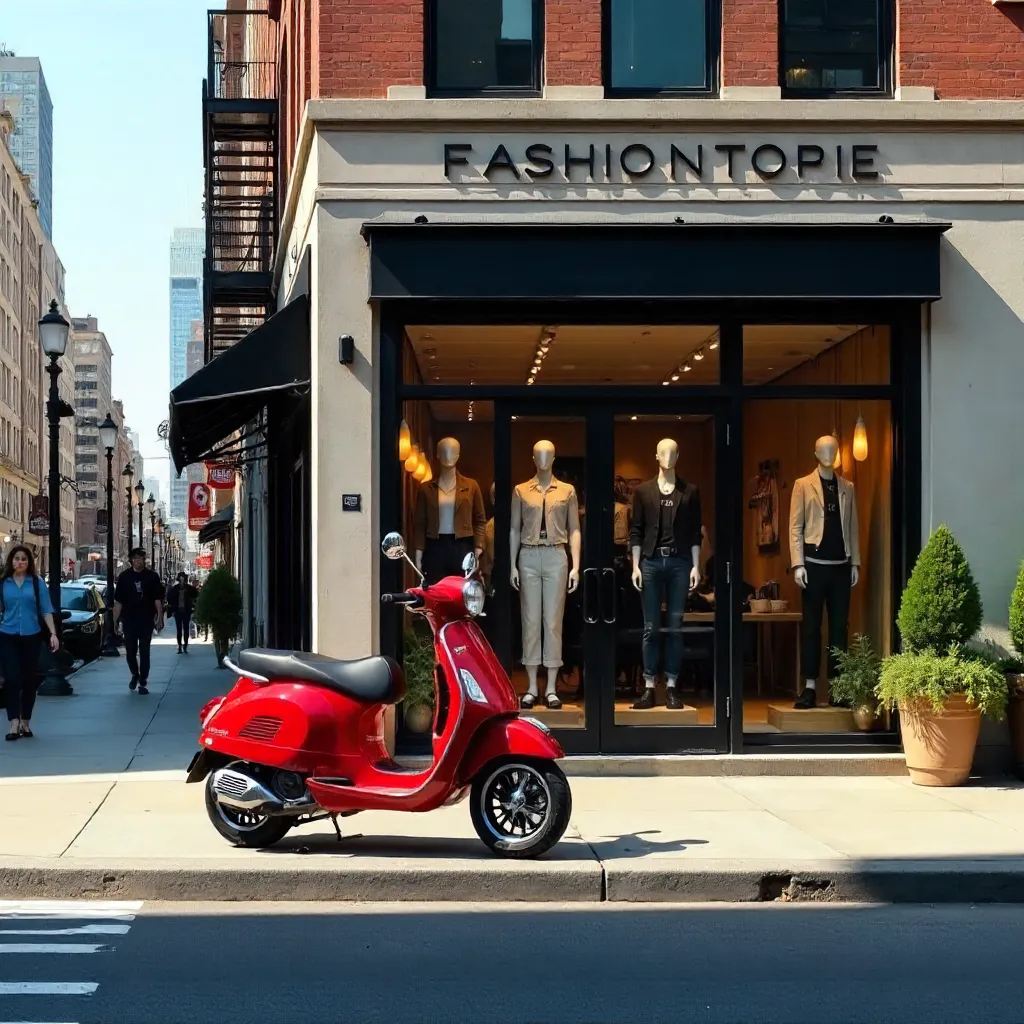 Sunlit Urban Boutique Exterior with Red Scooter