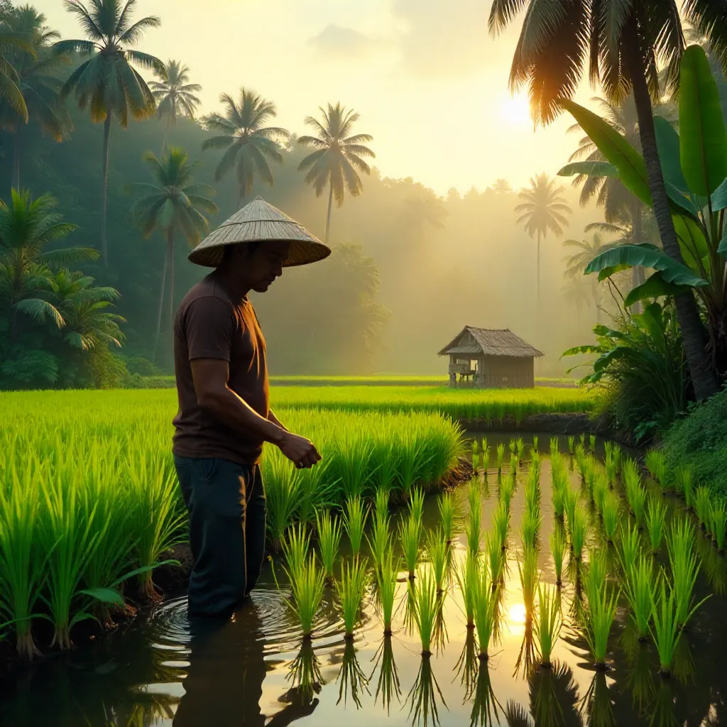 Farmer tending a lush rice field amid dense greenery