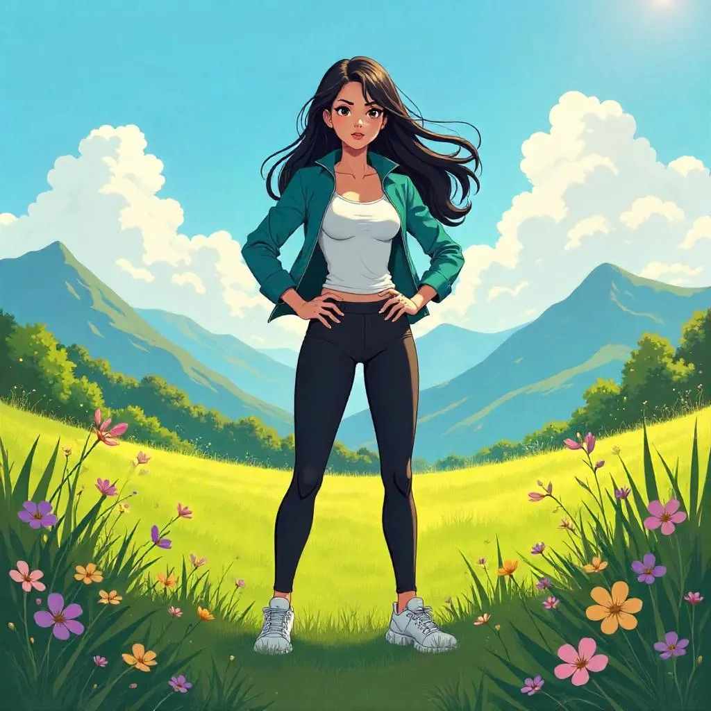 Confident Asian Woman in a Meadow - Anime Style