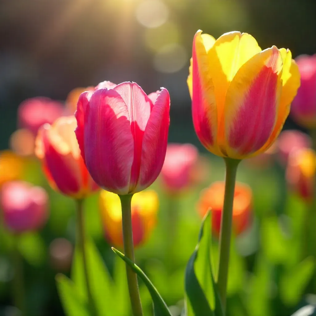 Bright Pink and Yellow Tulips in Sunlit Garden