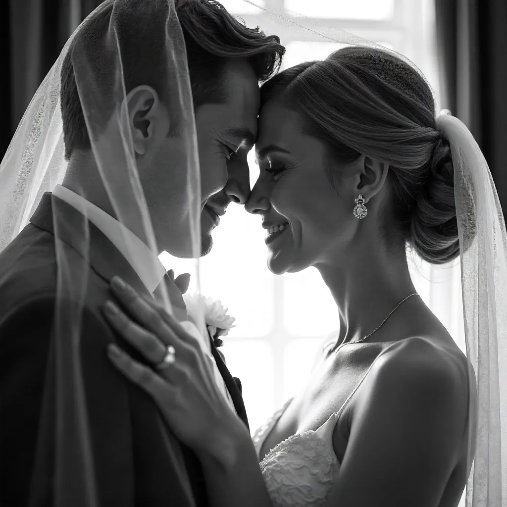 Veiled Vows: Romantic Black-and-White Wedding Portrait