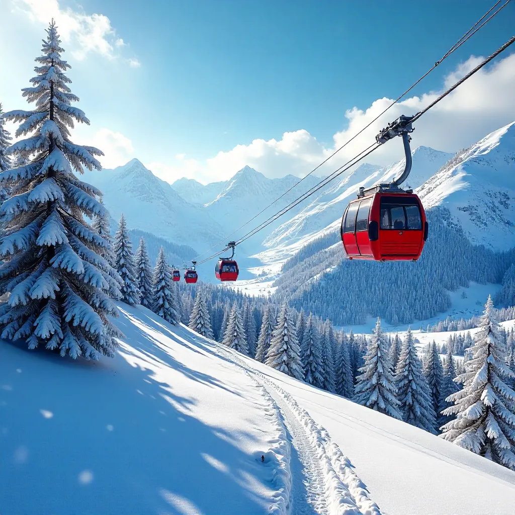 Winter Snow Forest with Cable Car Under Clear Blue Sky