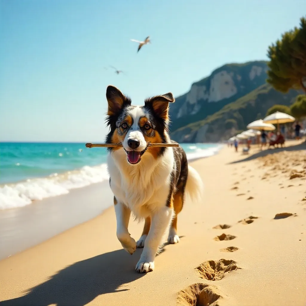 Italian Beach Stroll: Aussie Shepherd with Stick