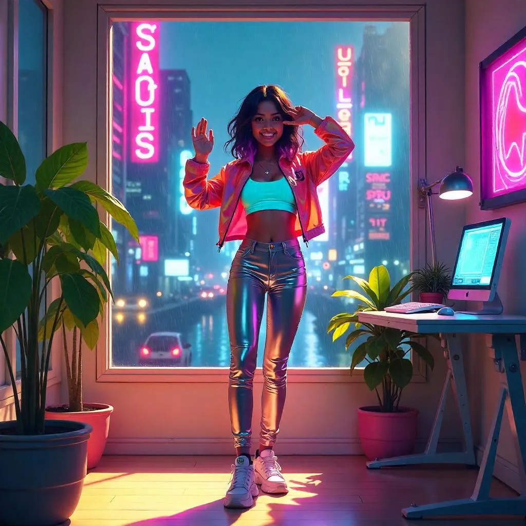 Cheerful Latina in a Cyberpunk Sunroom