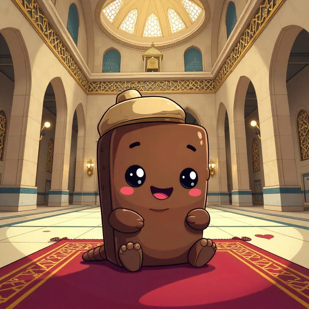 Cartoon Brownie Exploring a Mosque Interior