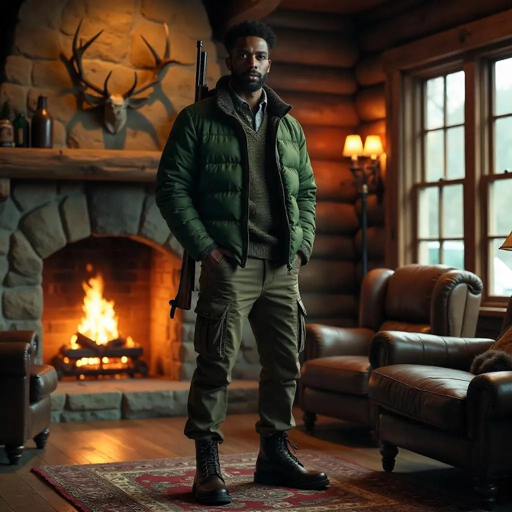 Athletic Black Man in a Cozy Hunting Lodge