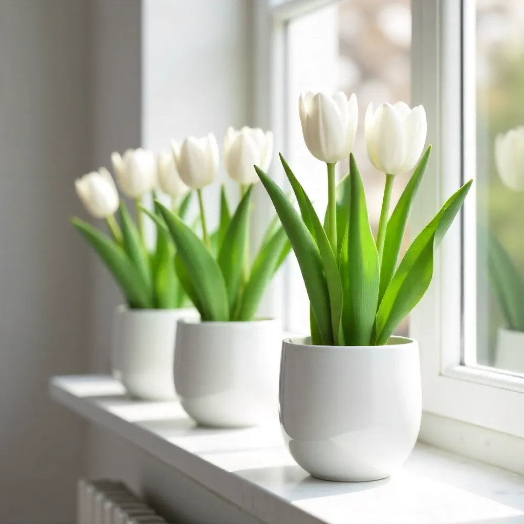 Elegant White Tulips in White Planters for Indoor Decor