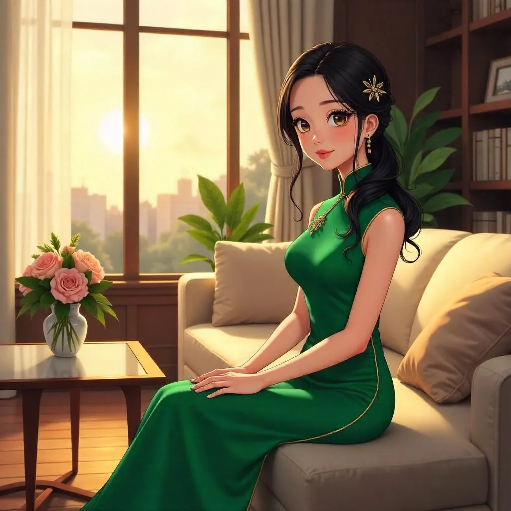 Elegant Asian Anime Girl in a Cozy Living Room