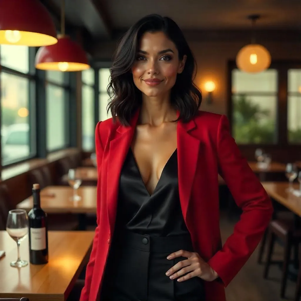 Confident Latina Woman in a Modern Restaurant - 3D Render