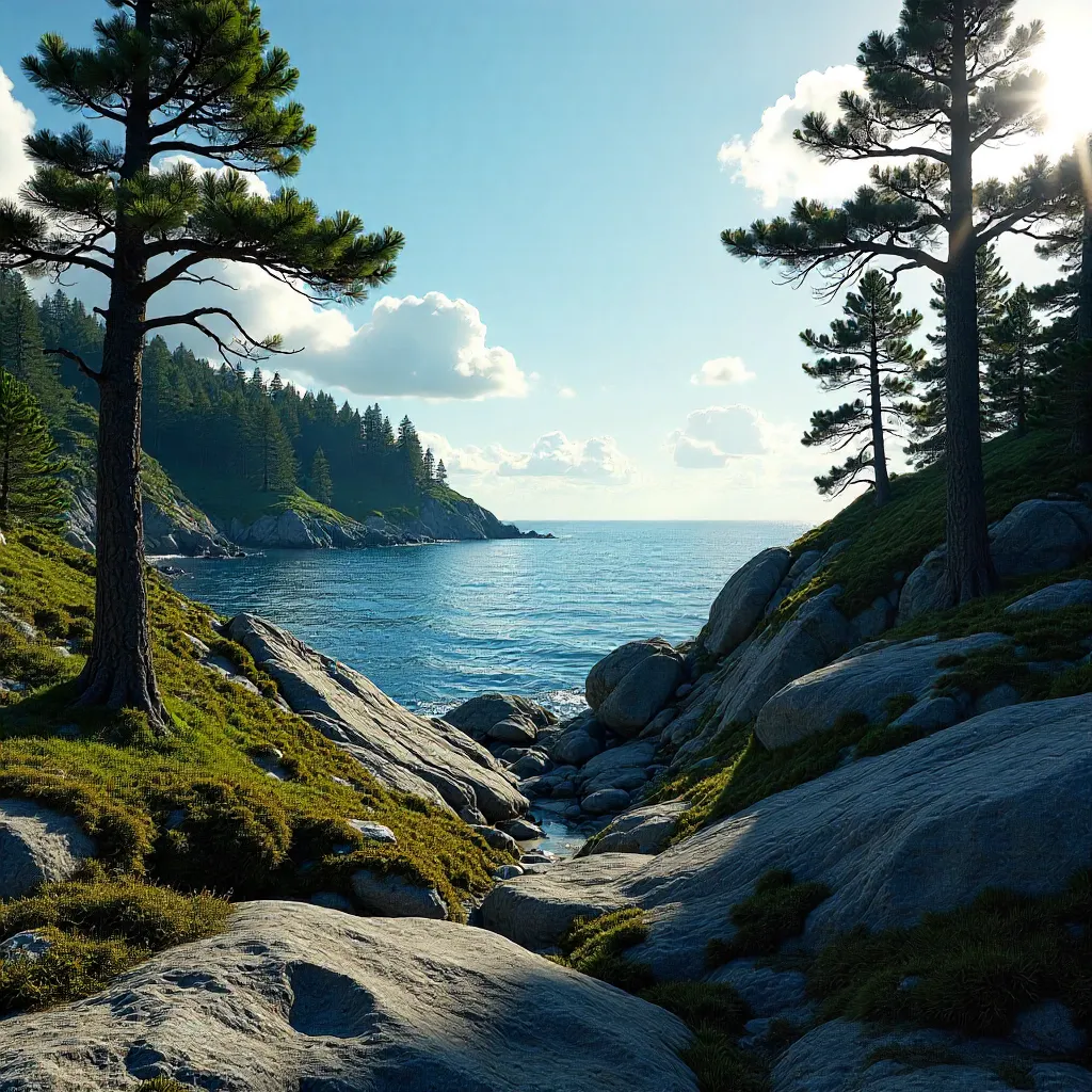 Coastal Pine Forest Over Rocky Terrain by the Calm Sea