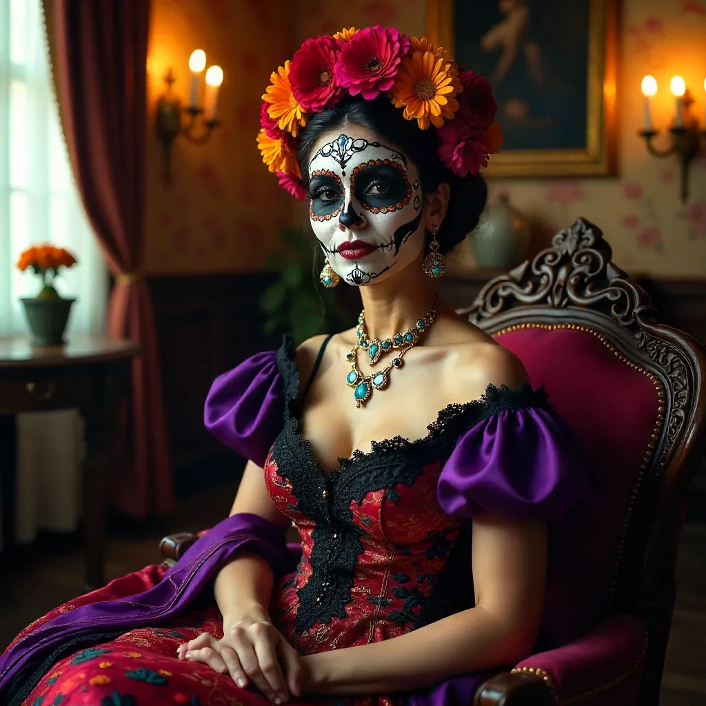 Elegant Dia de los Muertos Portrait Indoors