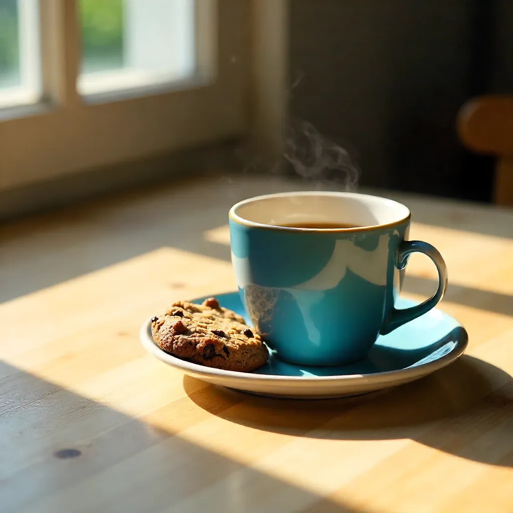 Sunlit Blue Cup and Cookie on a Quiet Table