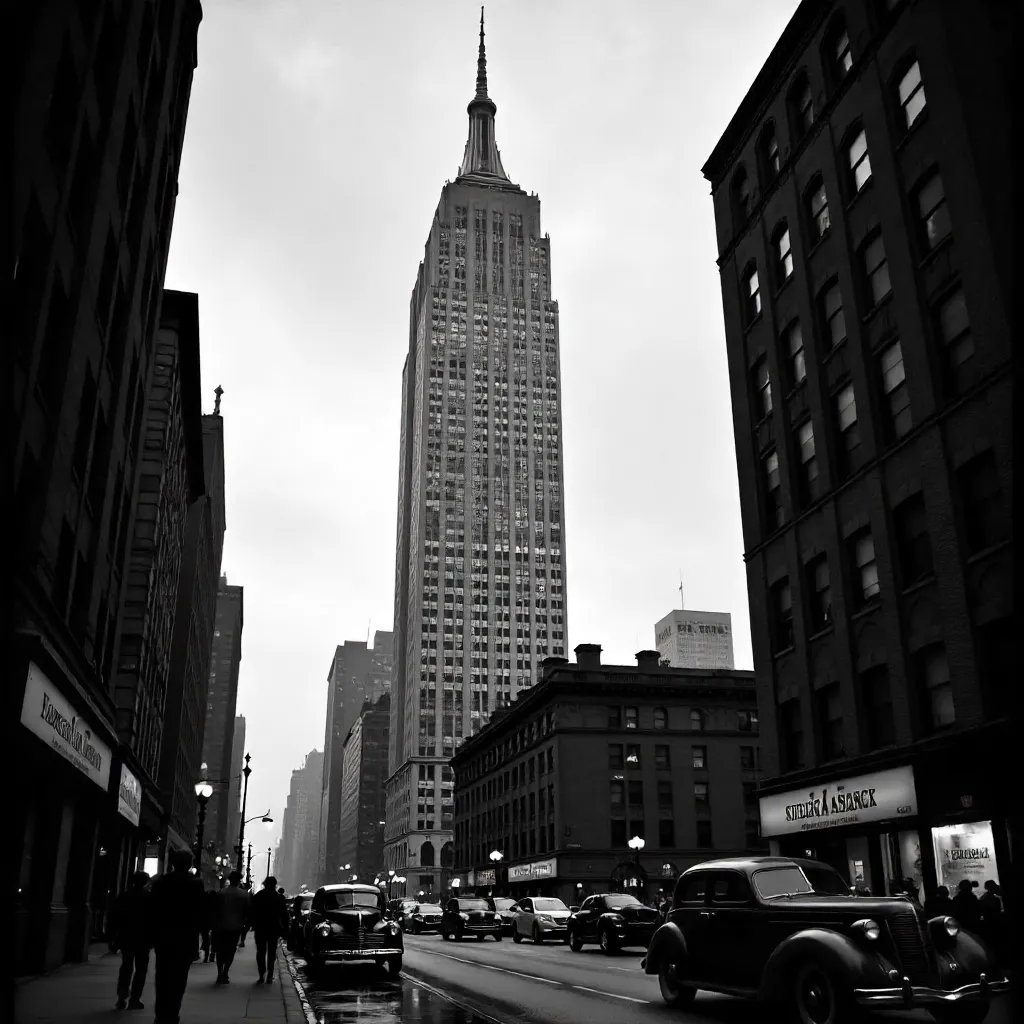 Iconic Street-Level Black-and-White Empire State Building