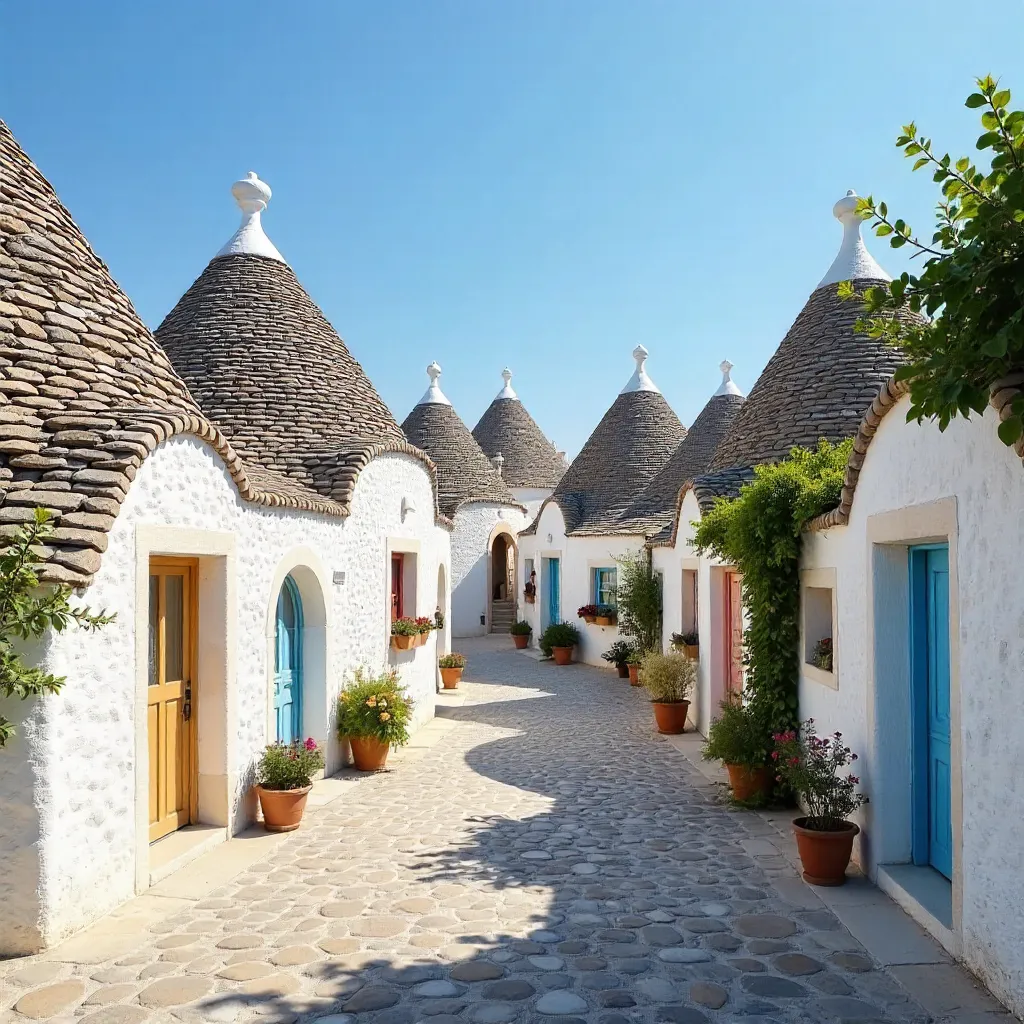 Trulli Houses of Alberobello Under Clear Blue Sky