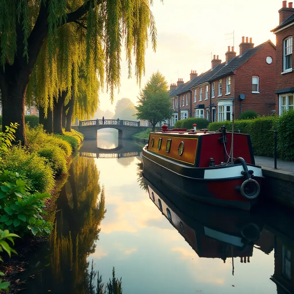 Serene London Canal with Narrowboat Reflections