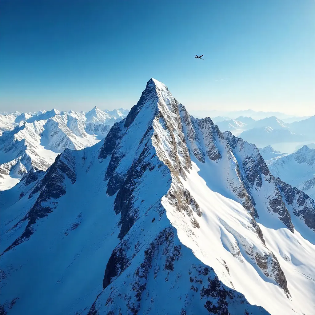 Epic Aerial Summit: Snowy Peak with Airplane Overhead