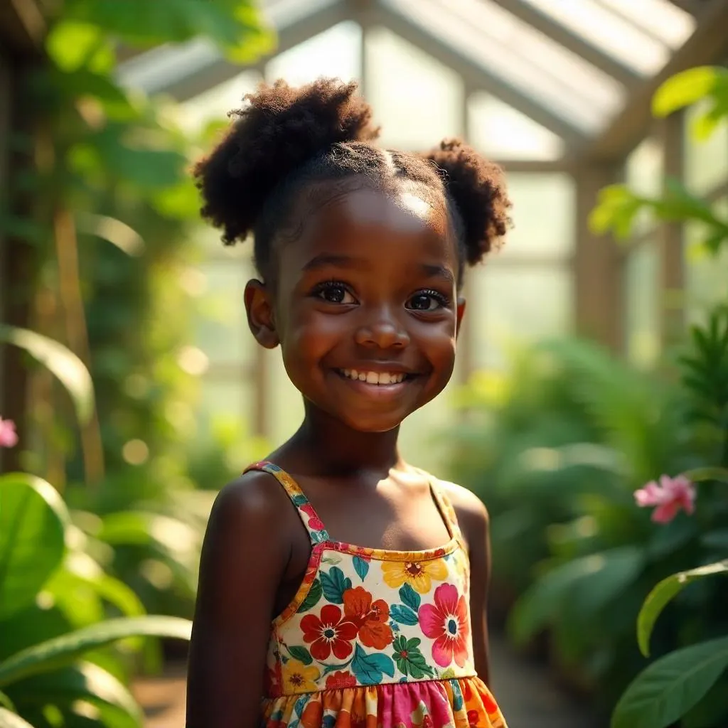 Cheerful Black Girl in a Sunlit Conservatory