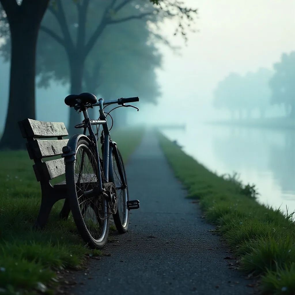 Mist-Kissed Riverbank: Bicycle by Empty Benches