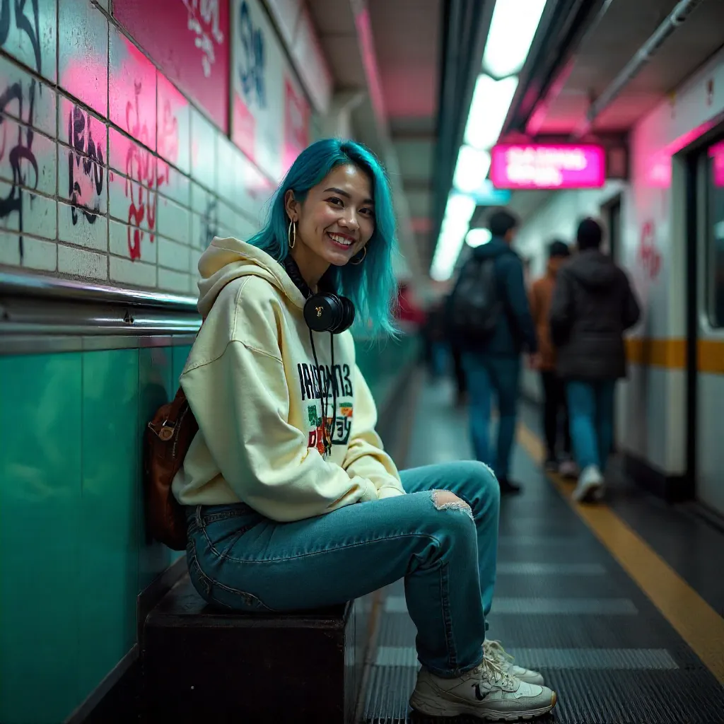 Smiling Woman on Subway Escalator: Urban Youth Vibe
