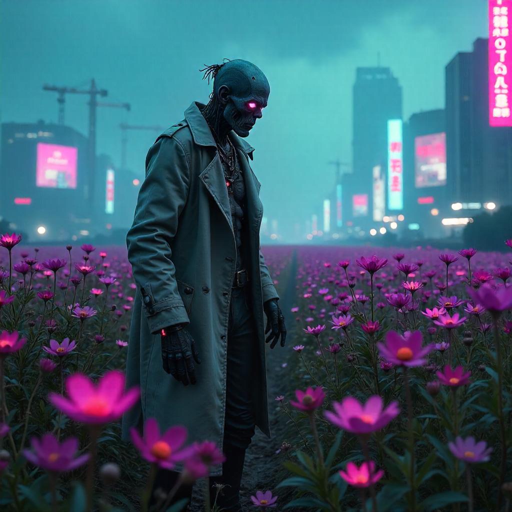 Neon Bloom: Cyberpunk Zombie in a Flower Field